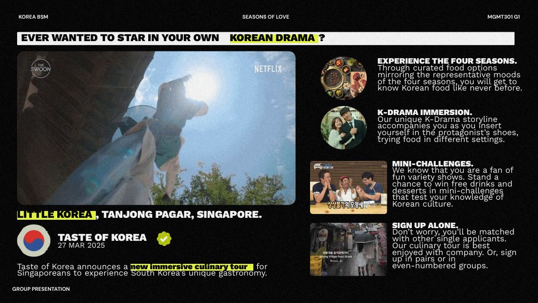 Slide introducing the immersive K-drama culinary tour concept