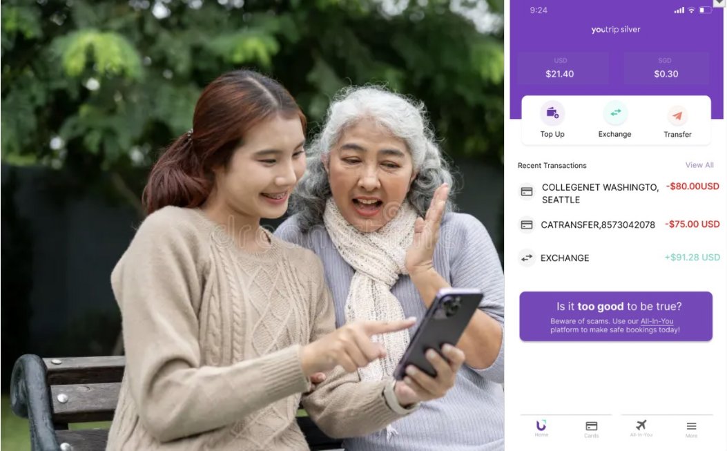 YouTrip Silver concept: a senior and a younger family member using the app together
