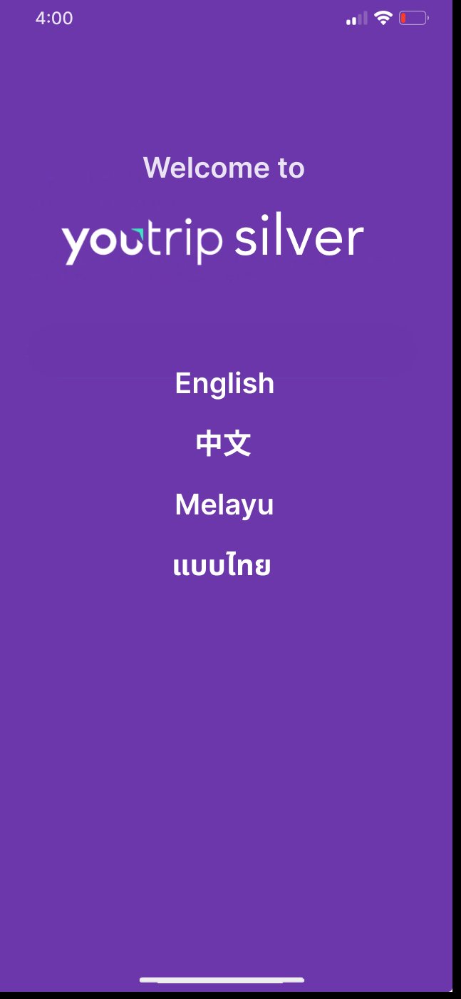 Multilingual onboarding screen offering English, Chinese, Malay and Thai